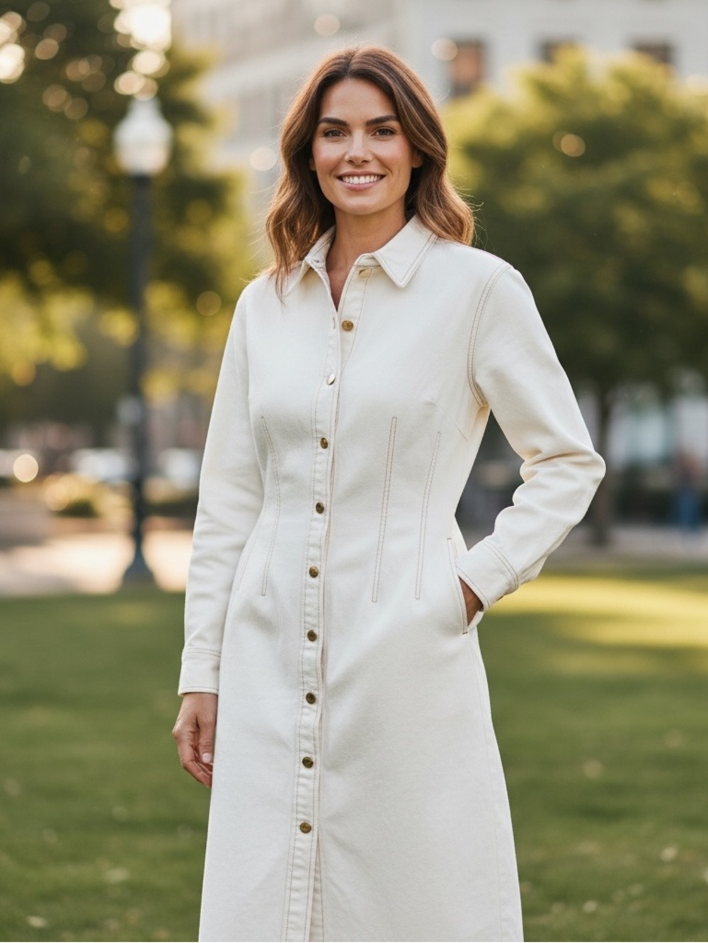 Tory Burch Denim Like Cream Color Full Front Snap Closure Shirt Dress | EUC